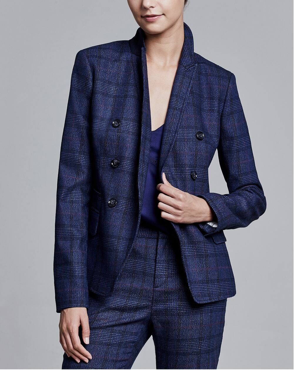 Banana Republic Plaid Long Sleeve Peak Lapel Double Breasted Blazer Navy Women 0
